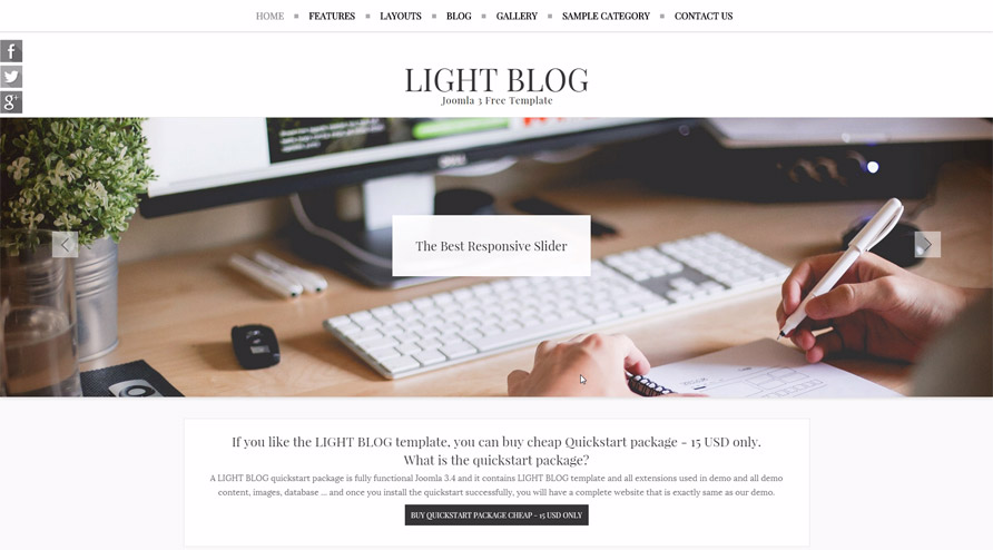 Automatic FlexSlider Slideshow on frontpage Light Blog Joomla! 3 Responsive Template